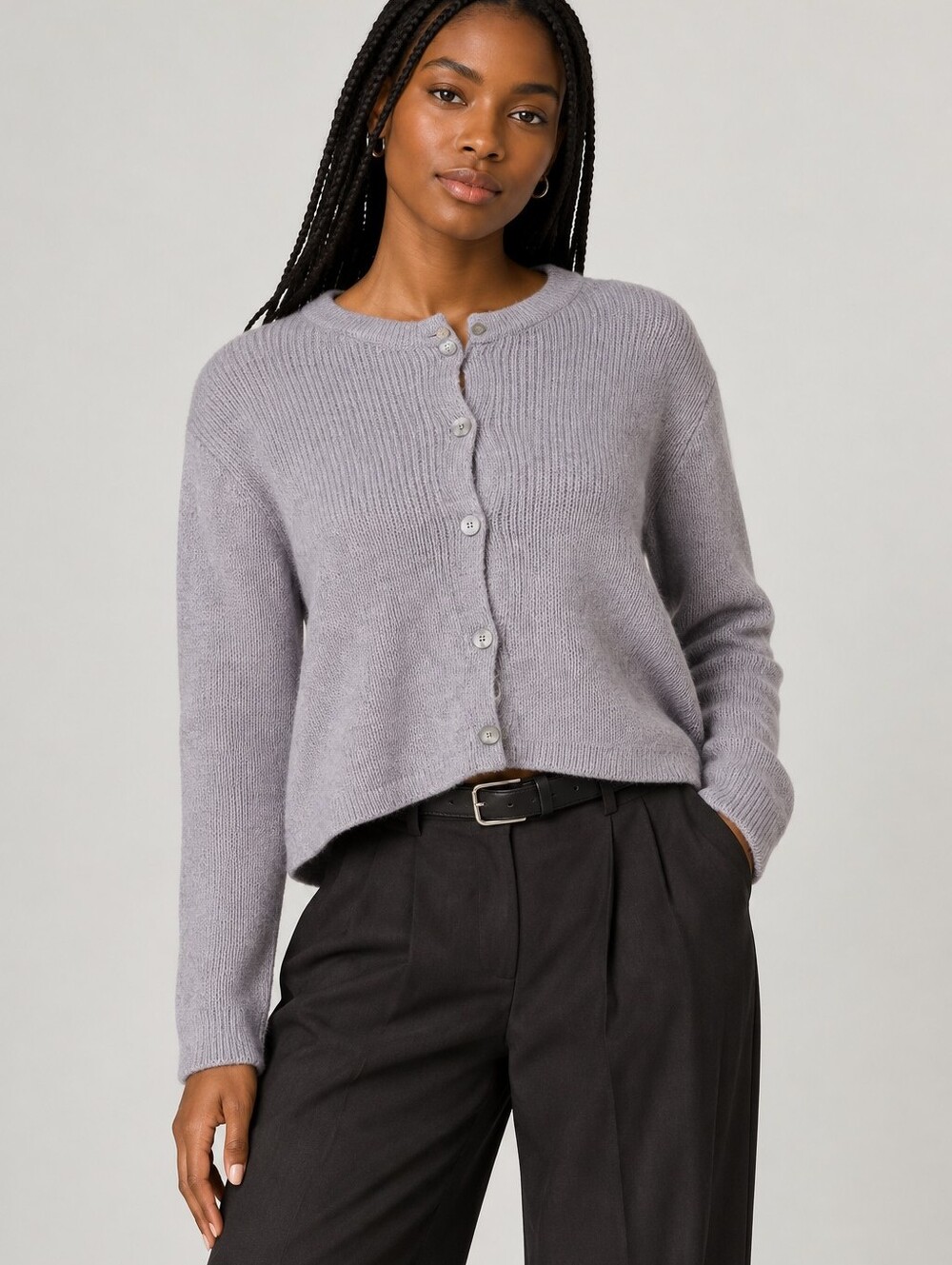 NIA Periwinkle Grey Purple Button Front Wool Blend Cardigan Sweater NWOT Large